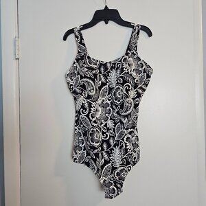 Lands End One Piece Black White Floral Swimsuit